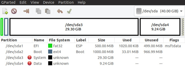 GParted after creating the partitions